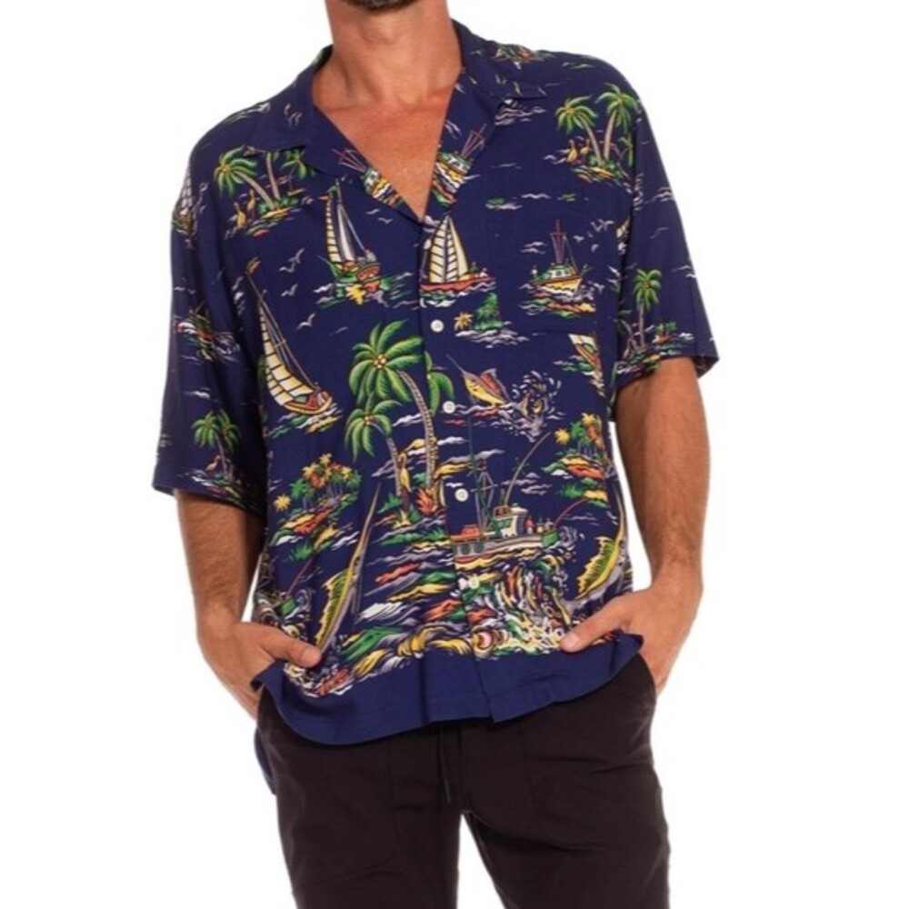 Polo Ralph Lauren Blue Hawaiian Collar Ocean Island Caldwell shirt size L